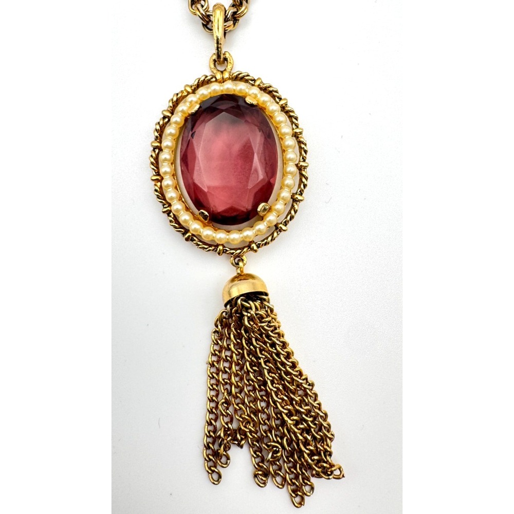 Vintage Avon Necklace Tassel Purple Faceted Glass & Faux Pearl Gold Tone